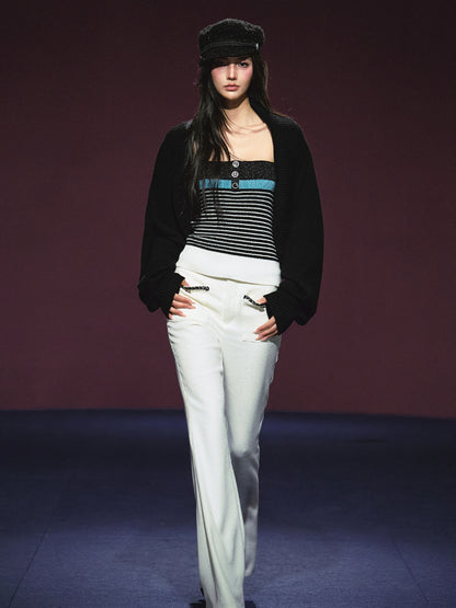 Colorblock Bustier Top &amp; Relaxed Wool-Blend Knit Cardigan Set