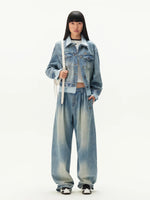 Denim Pleated Wide Leg Pants