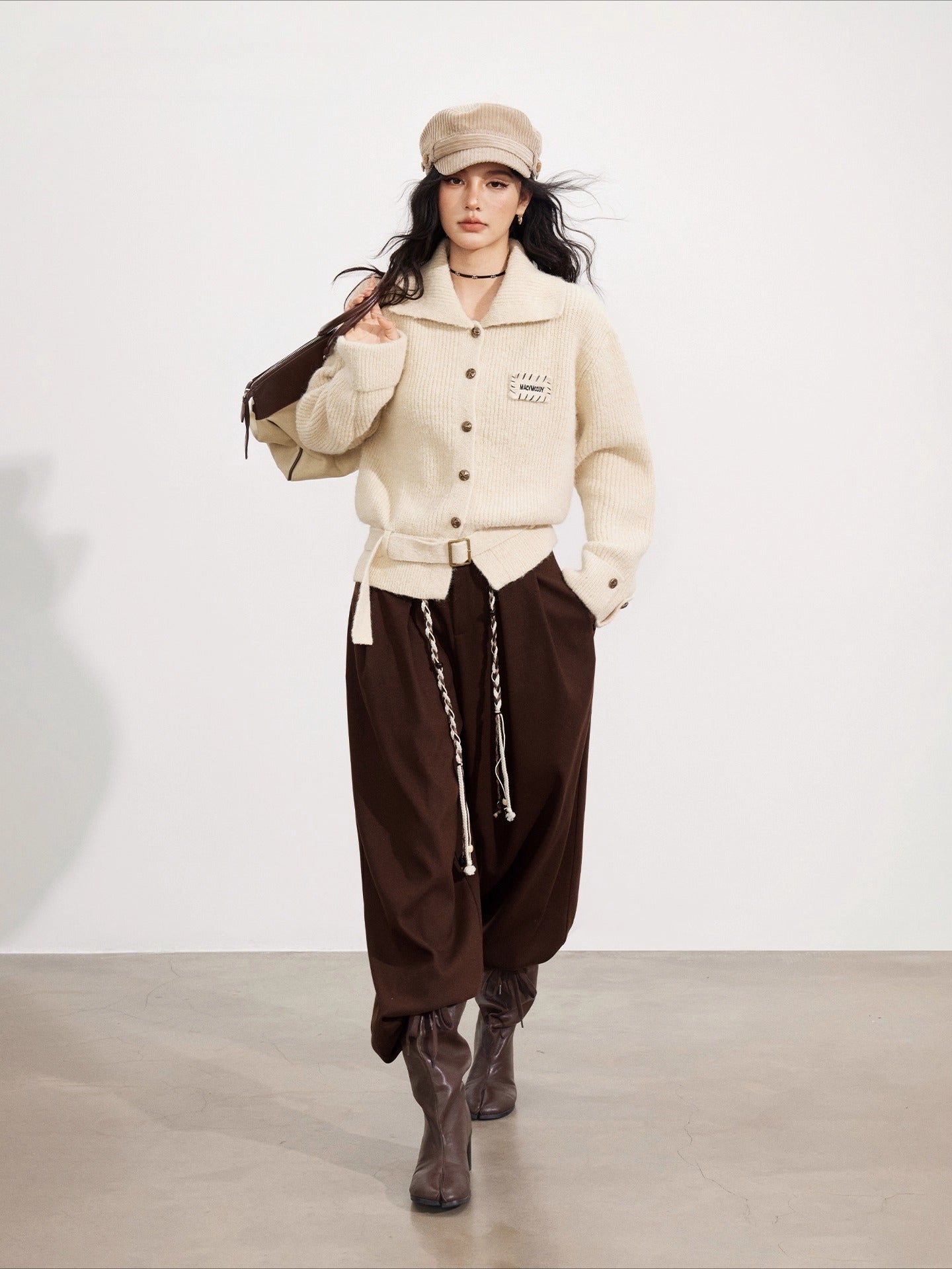 Black &amp; Brown Belted Wool Wide-Leg Pants