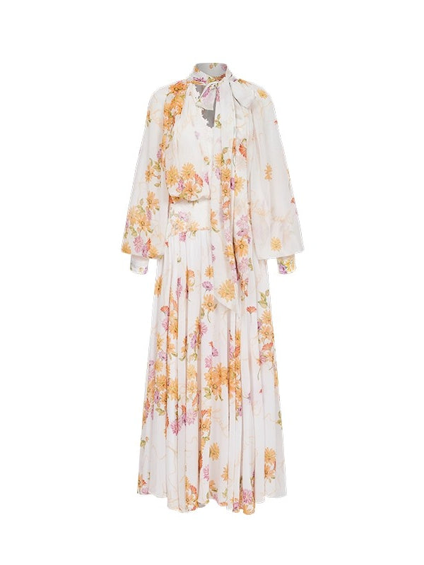 Milena Chiffon Lace Lantern Sleeve V-neck Dress