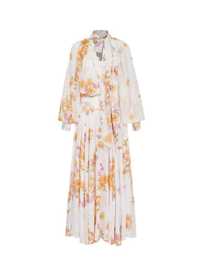 Milena Chiffon Lace Lantern Sleeve V-neck Dress