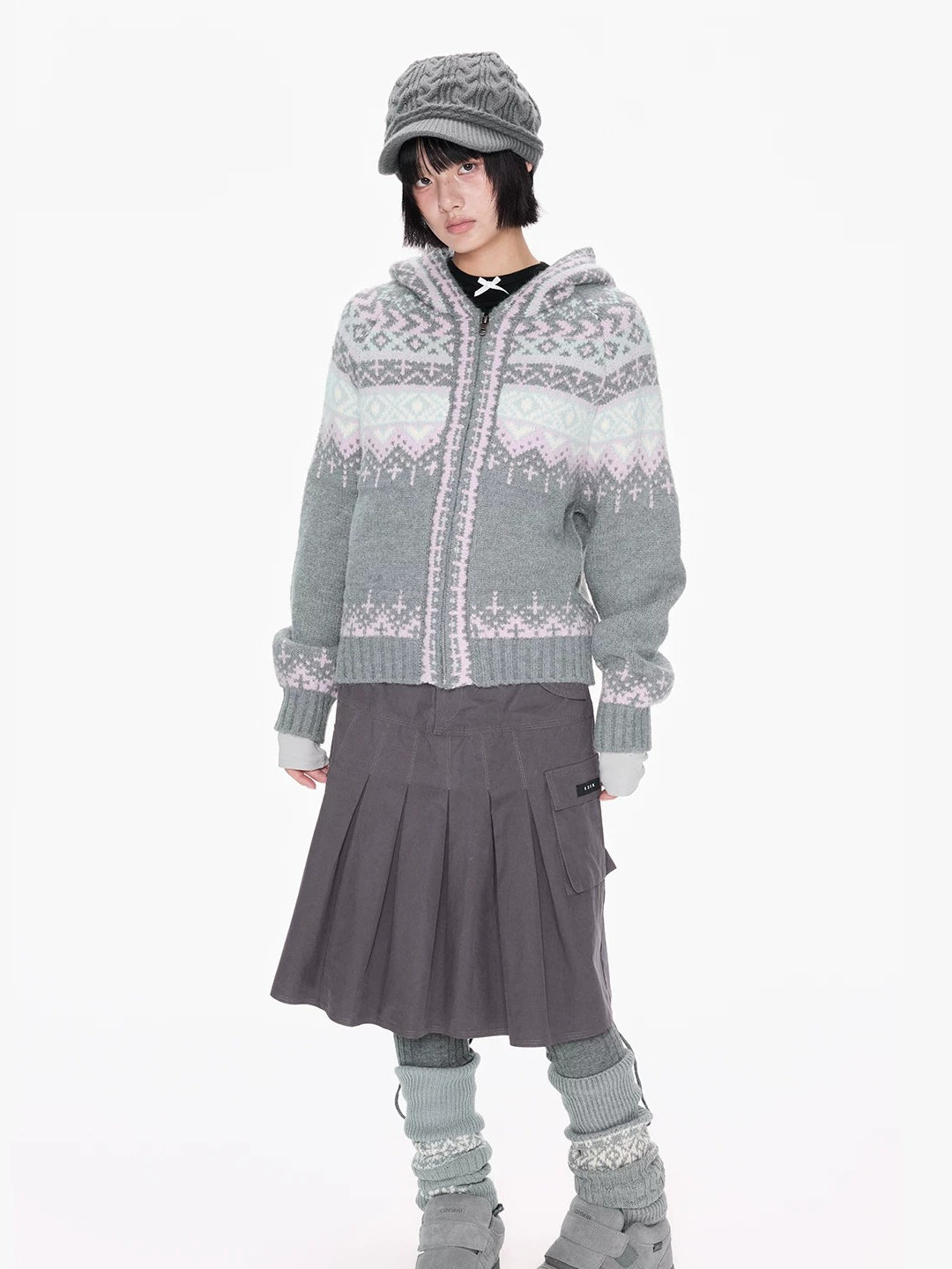 Gray Hooded Zip Knit Cardigan