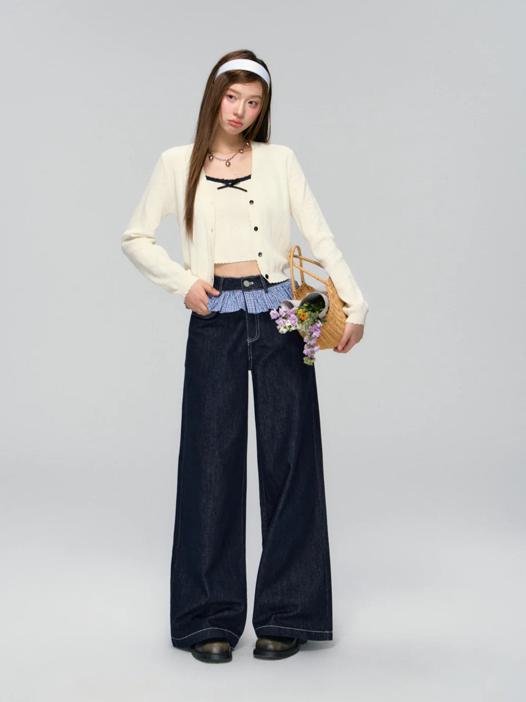 Ruffled Plaid Patchwork Straight Jeans
