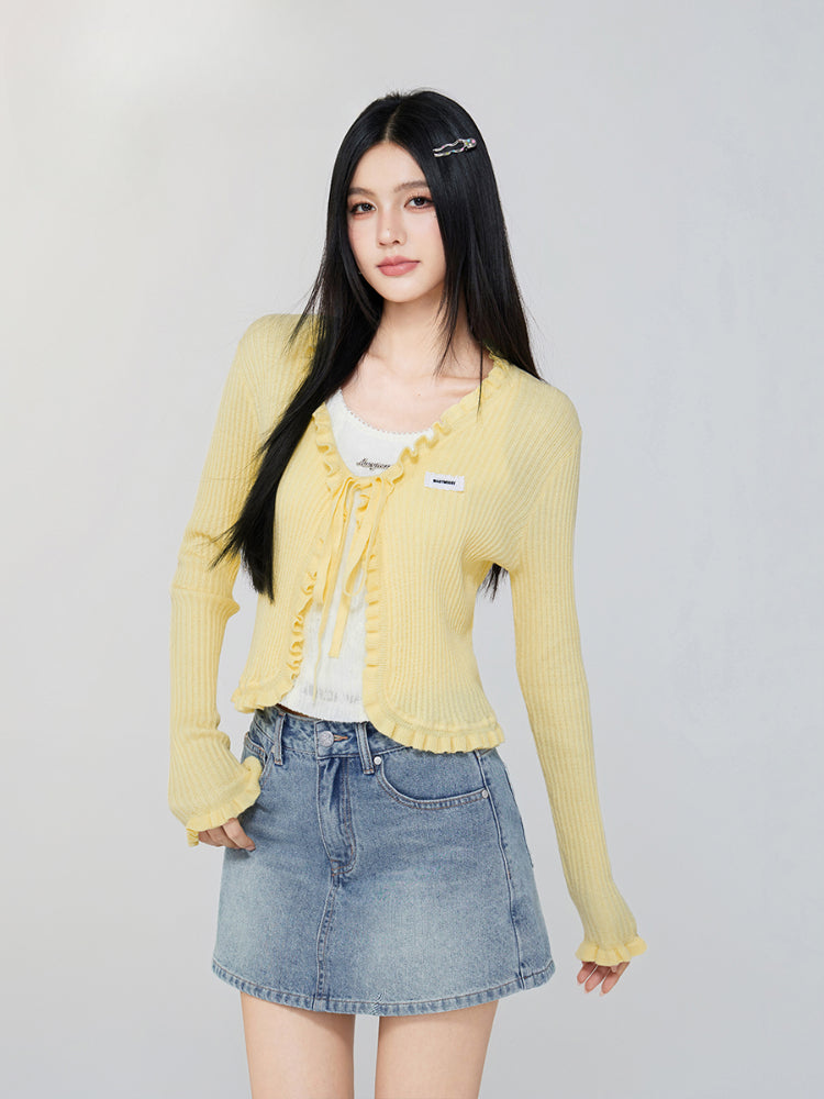 V - neck Ruffled Tie - front Knit Cardigan