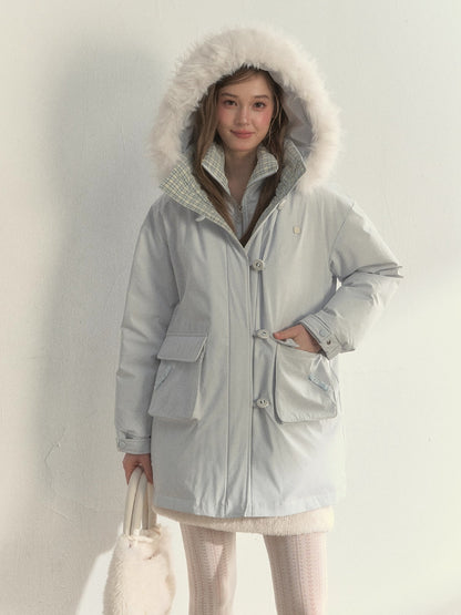 “Flowing Glacier” Patchwork Down Jacket with Fur Collar