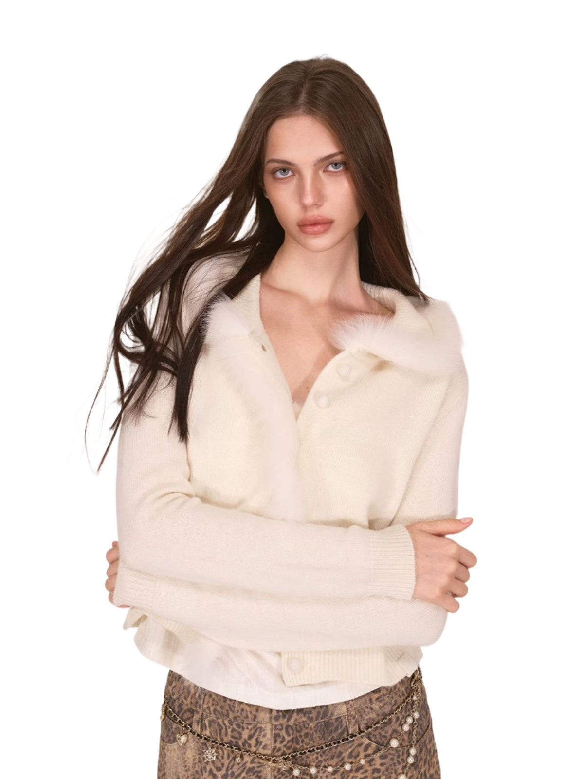 Fox Fur Trim Wool Cardigan