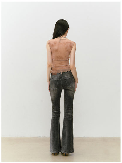 Color-Block Washed Flared Jeans