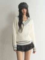 Preppy Contrast V-Neck Cable-Knit Sweater
