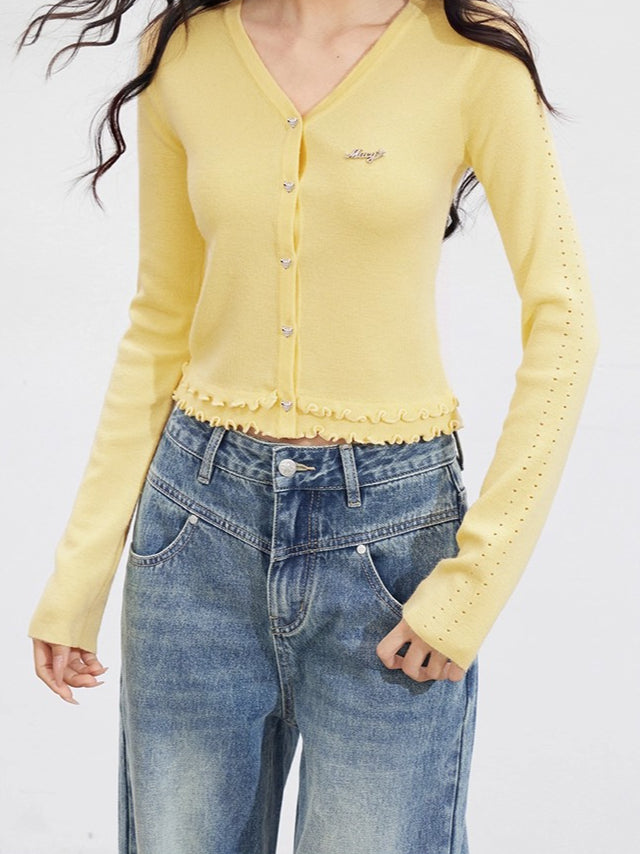 Lace-Trim Slim Knit Cardigan