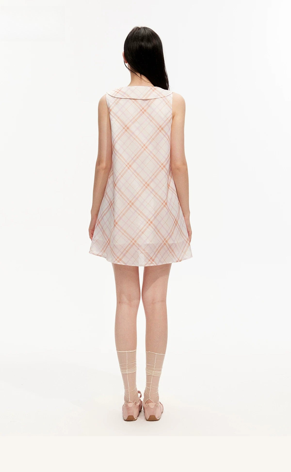 Pink Plaid Sleeveless Tie Neck Dress