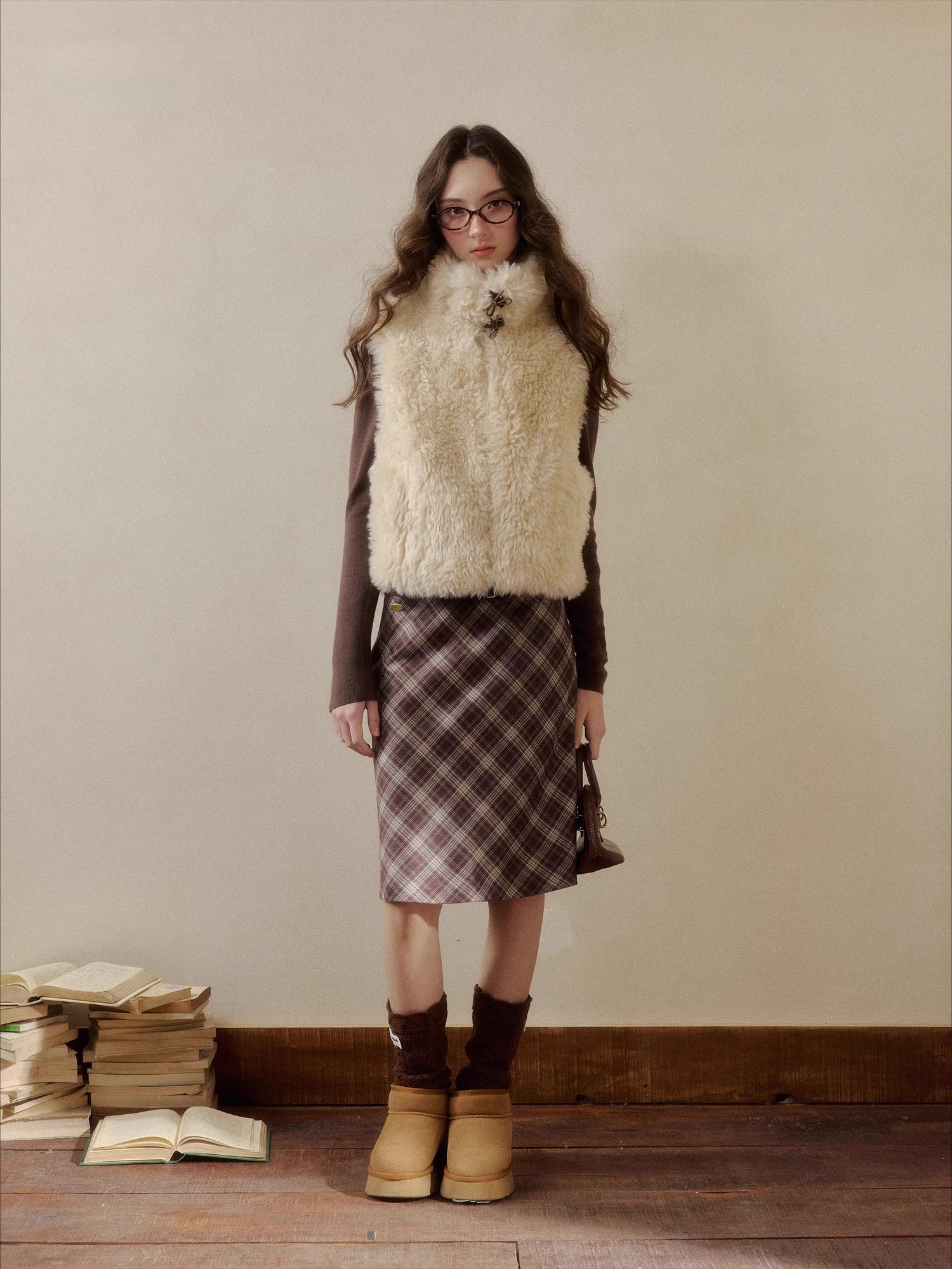 Plaid Pleat Floral Midi Skirt