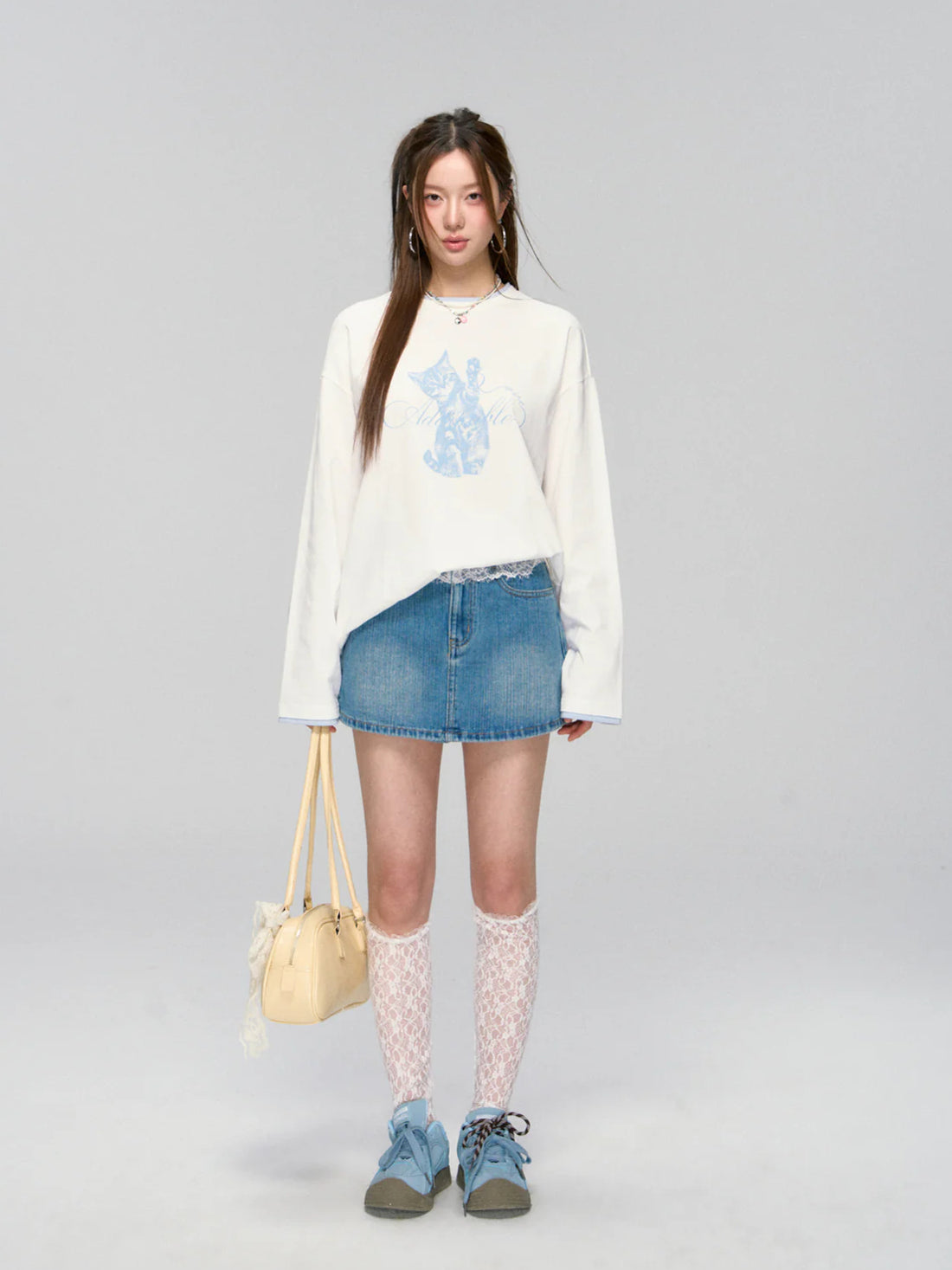 Blue Lace-Trim Denim Skirt