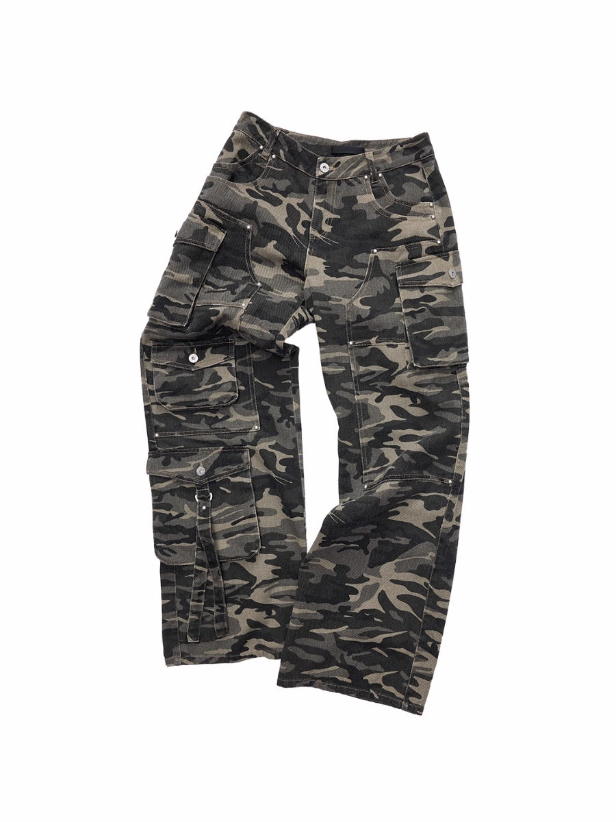 Washed Camo Multi-Pocket Cargo Wide-Leg Pants