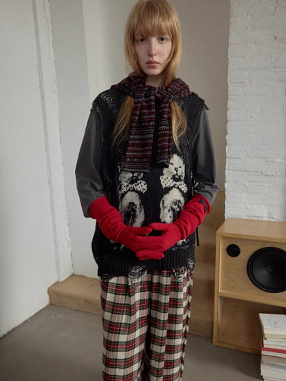 Cat Print Distressed Knit Vest