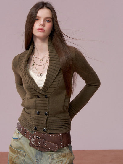 V-neck Double-breasted Knit Sweater