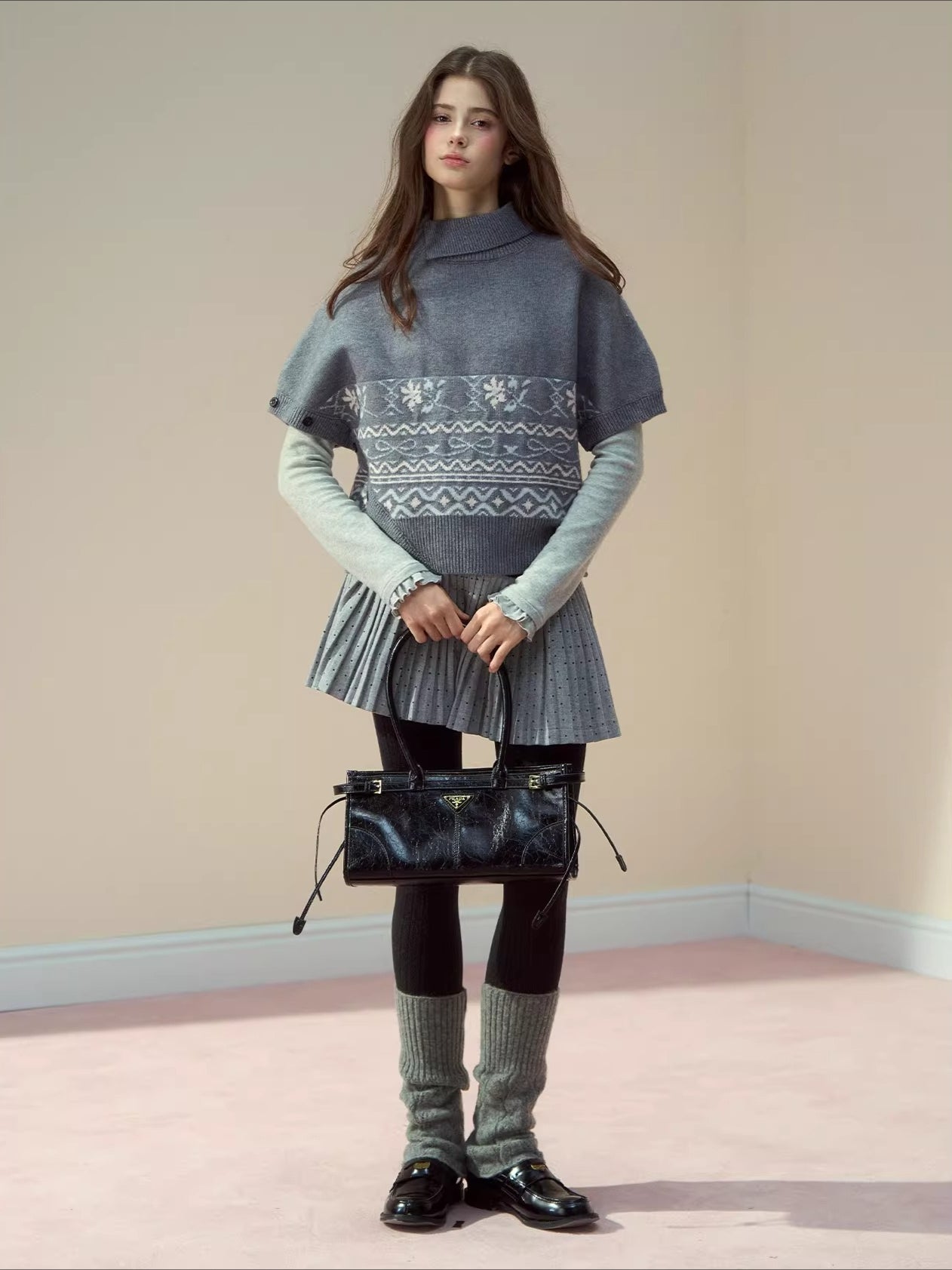 Beige &amp; Gray Fair-Isle Cape Sweater