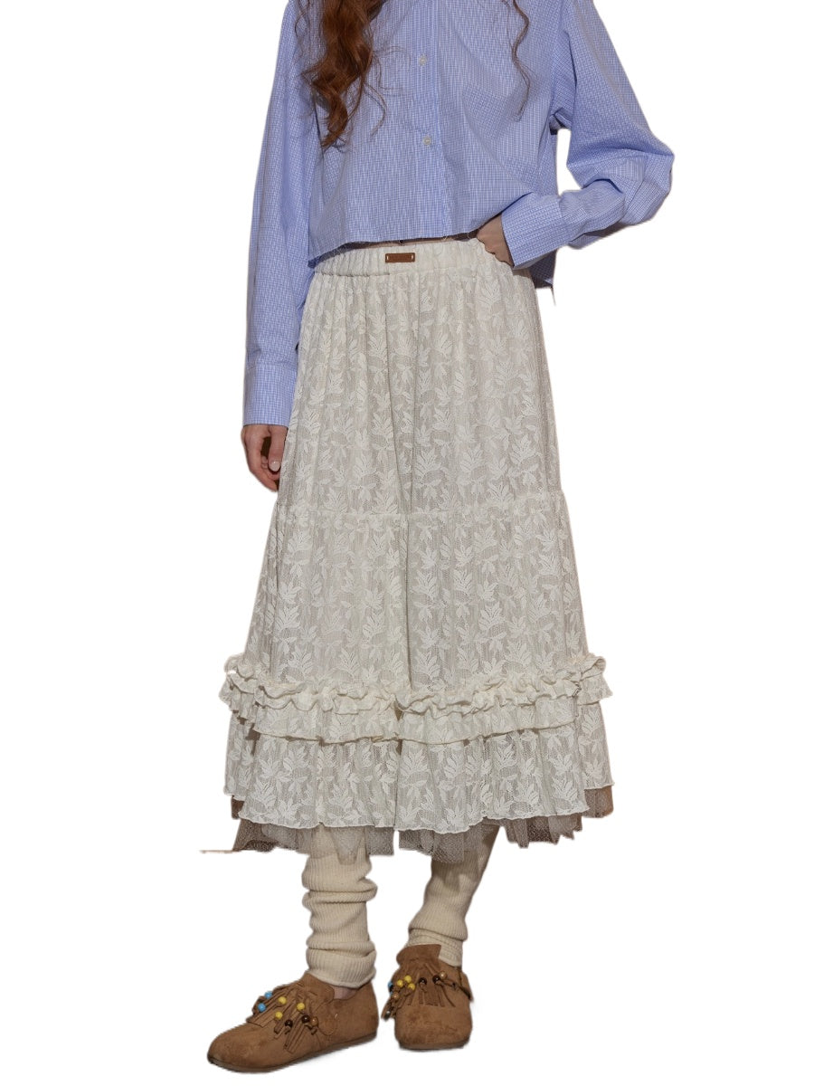 Jacquard Ruffle Layered Midi Skirt