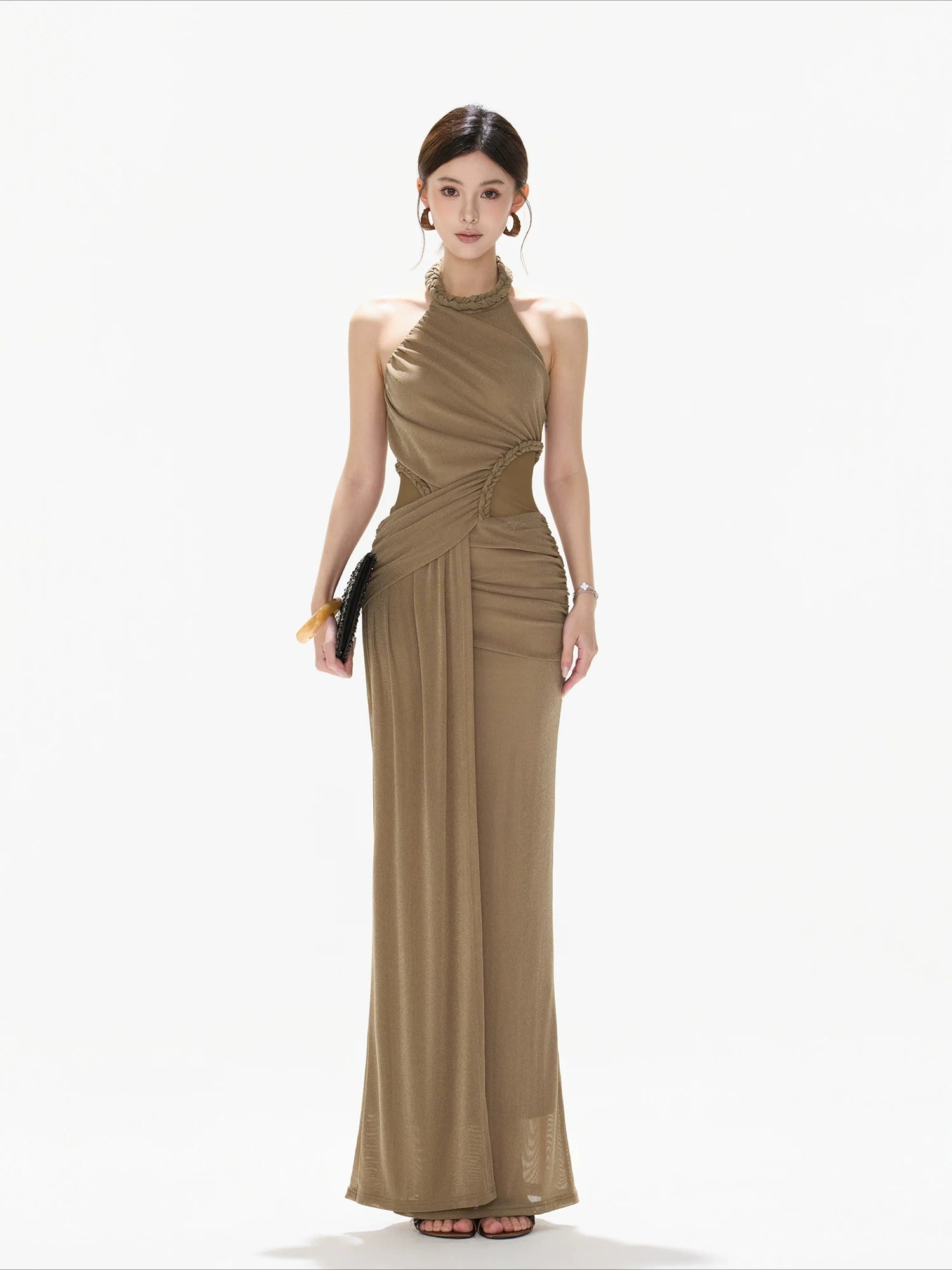 Halter Ruched Mesh Dress