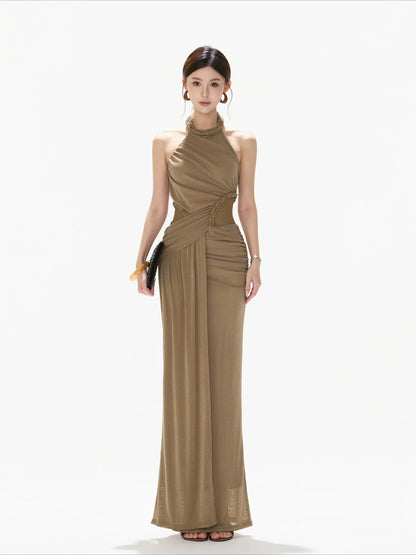 Halter Ruched Mesh Dress