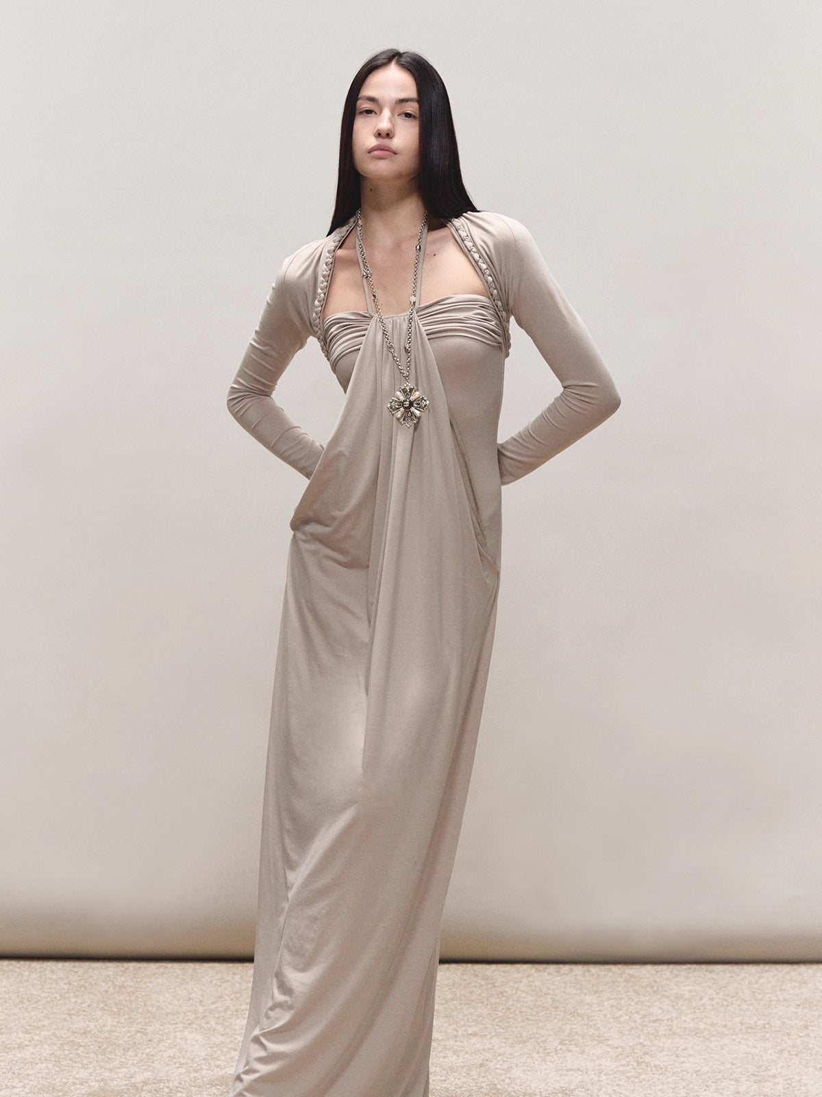 Khaki Lyocell Braided-Halter Ruched Dress Set
