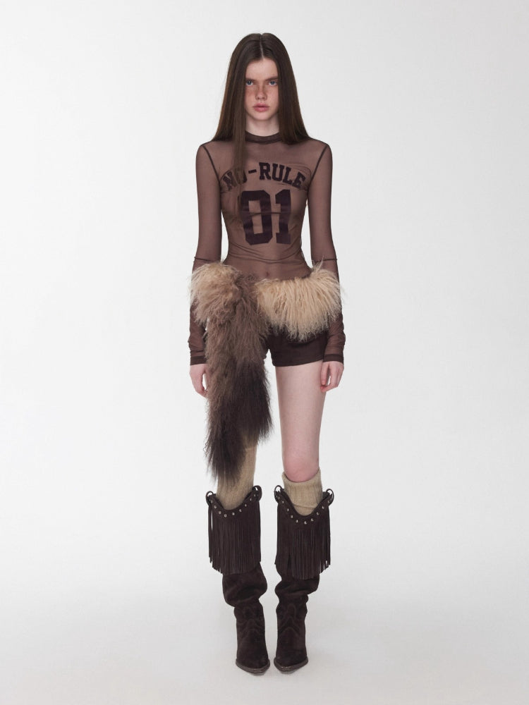 Flocked Mesh Sporty Turtleneck Top