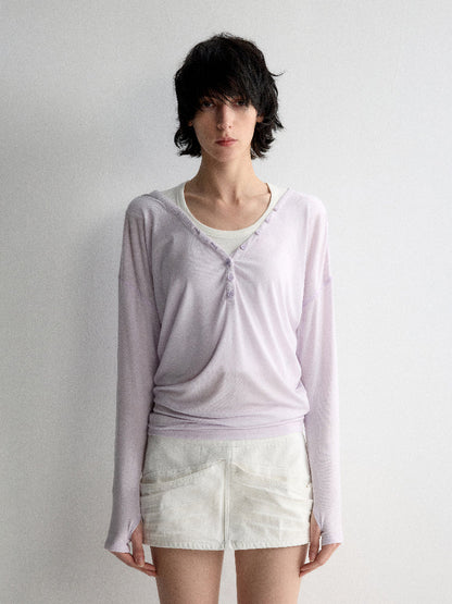 Tencel Linen V-neck Long Sleeve T-shirt