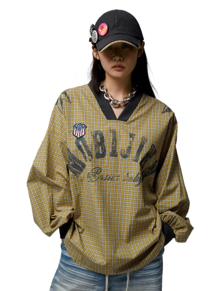Vintage Plaid V-neck Loose Jersey