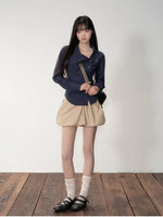 Khaki & Navy Blue Pleated A-Line Skirt