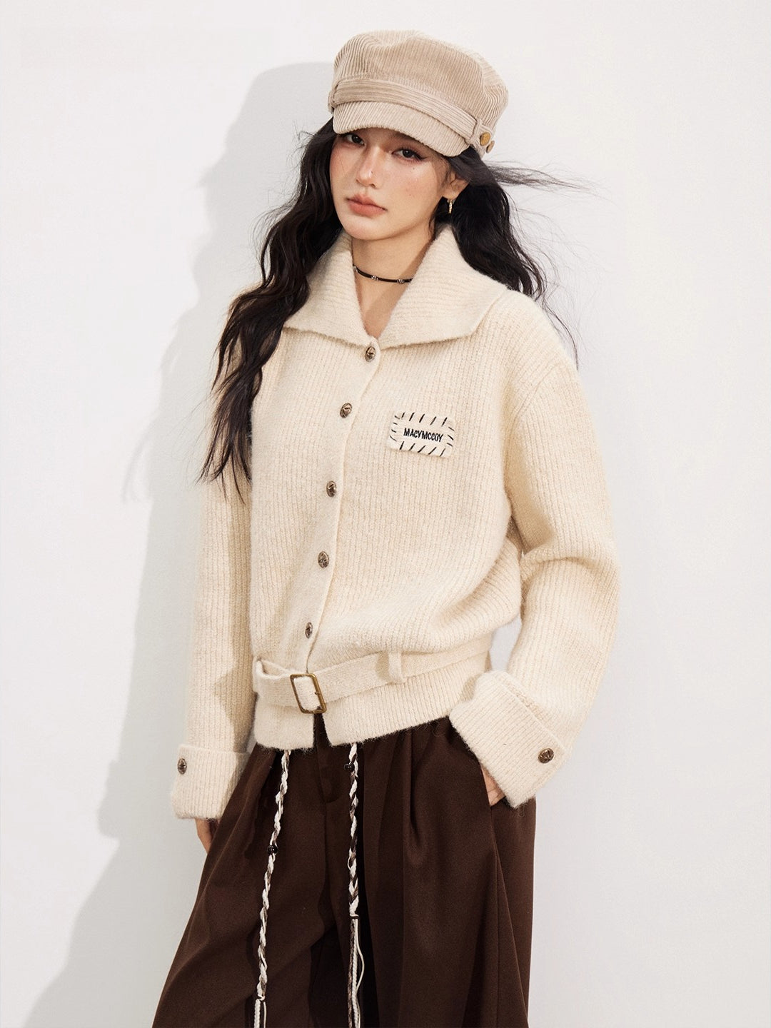 Collared Belted Knit Cardigan