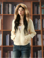 Fawn Fur Collar Ribbed Knit Cardigan