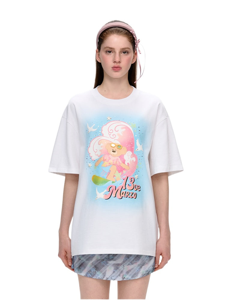 Island-style Bear Surfing Illustration Cotton T-shirt