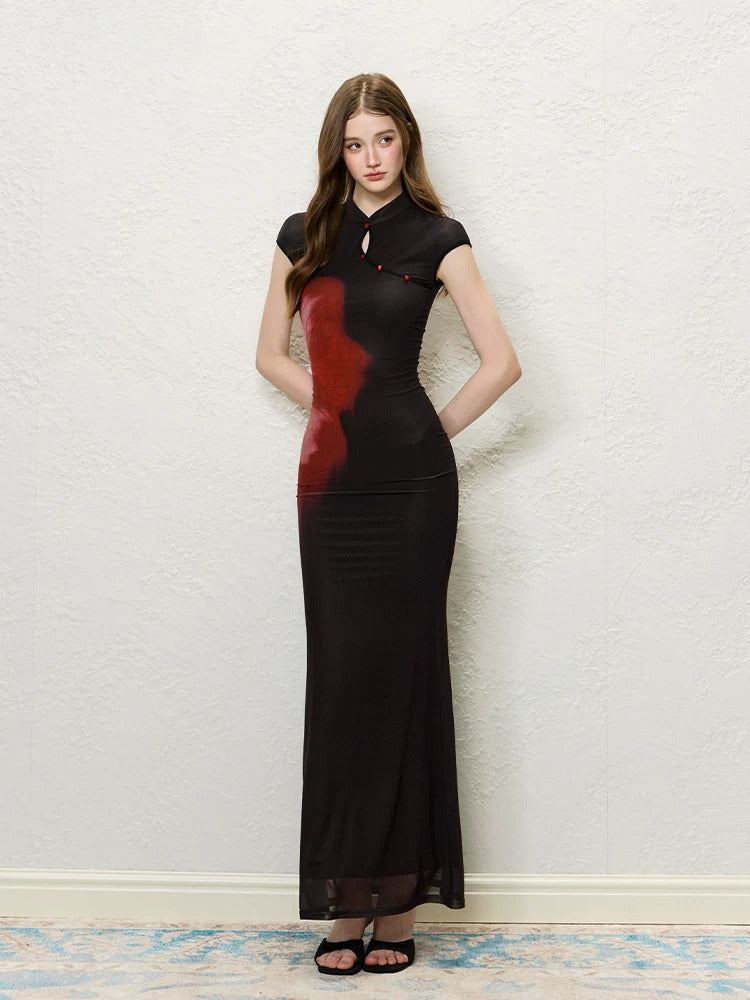 Black Red Floral Qipao Dress