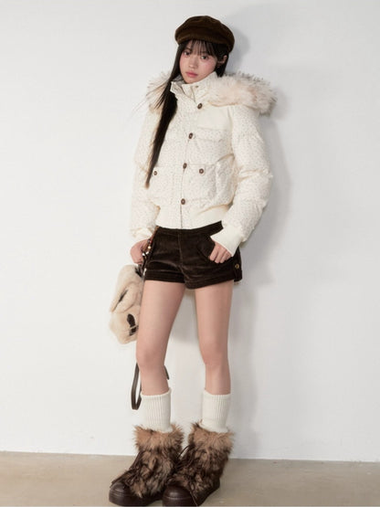 Faux Fur Collar Plaid Down Jacket