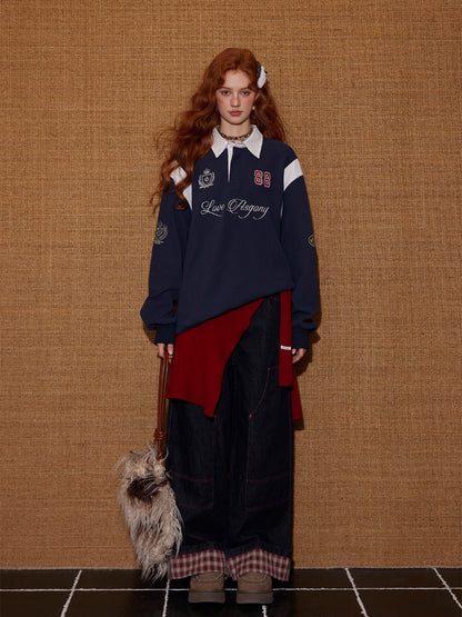 Contrast Collar Embroidered Drawstring Sweatshirt