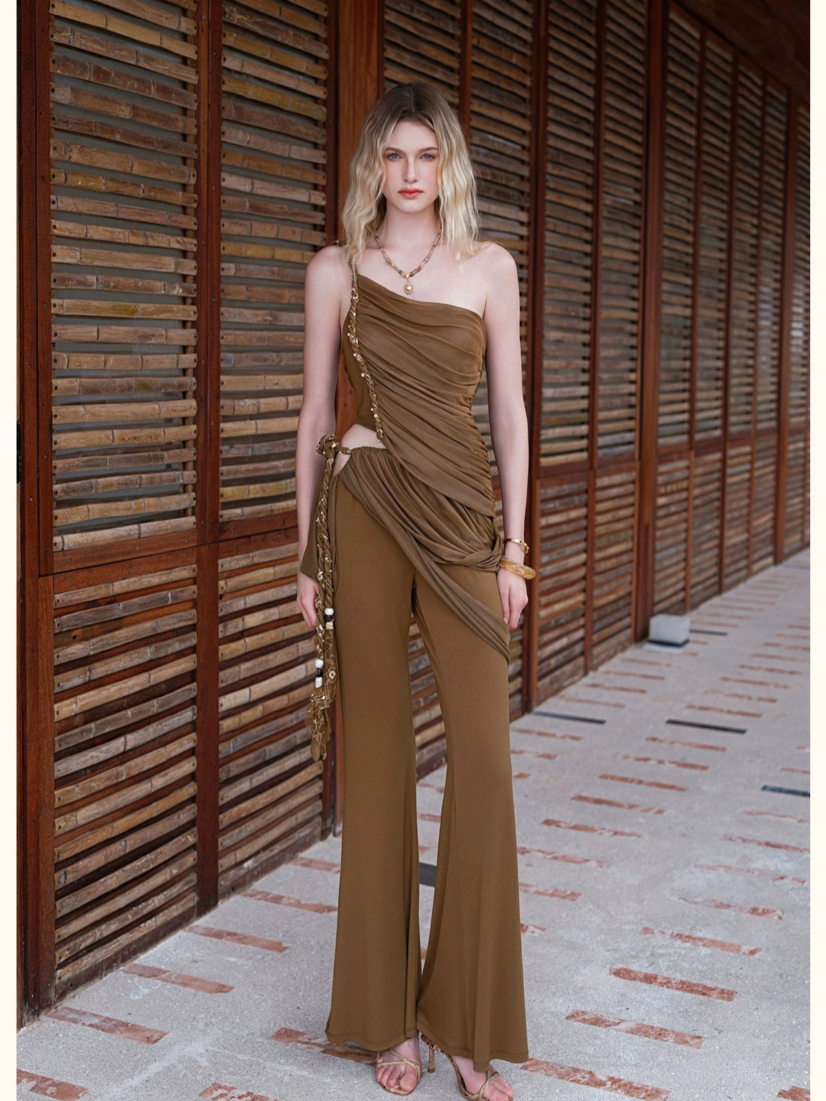 Lace Tie Top Flare Pants Set