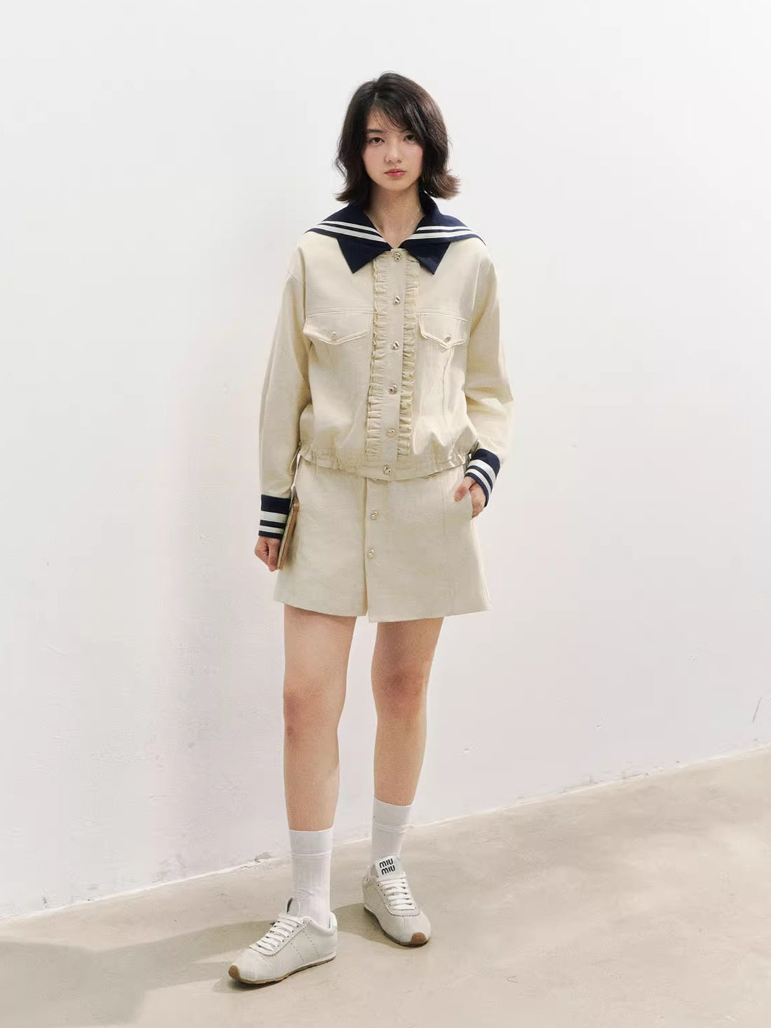 Naval Collar Vintage Stylish Jacket &amp; Skirt Set