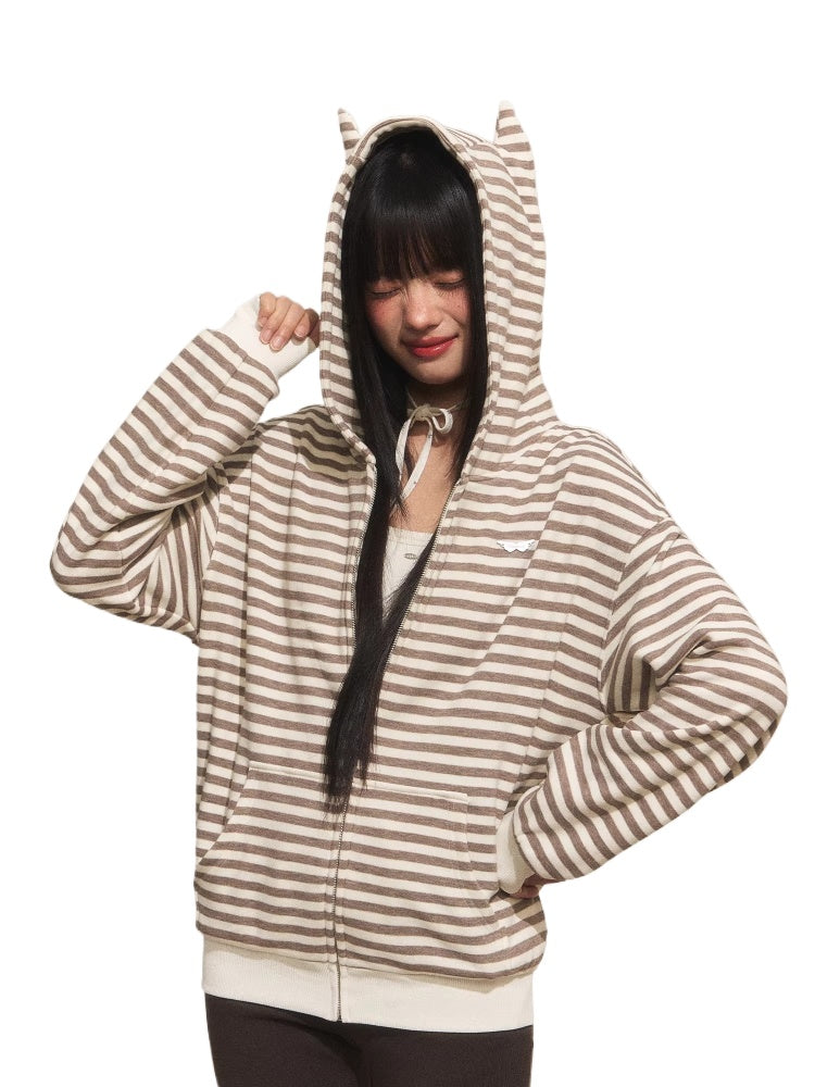 Cat Ear Stripe Zip Hoodie