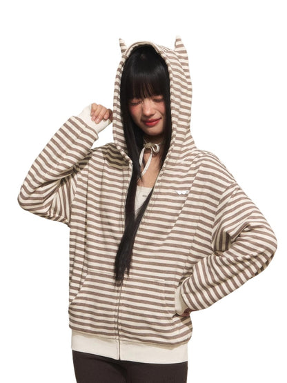 Cat Ear Stripe Zip Hoodie