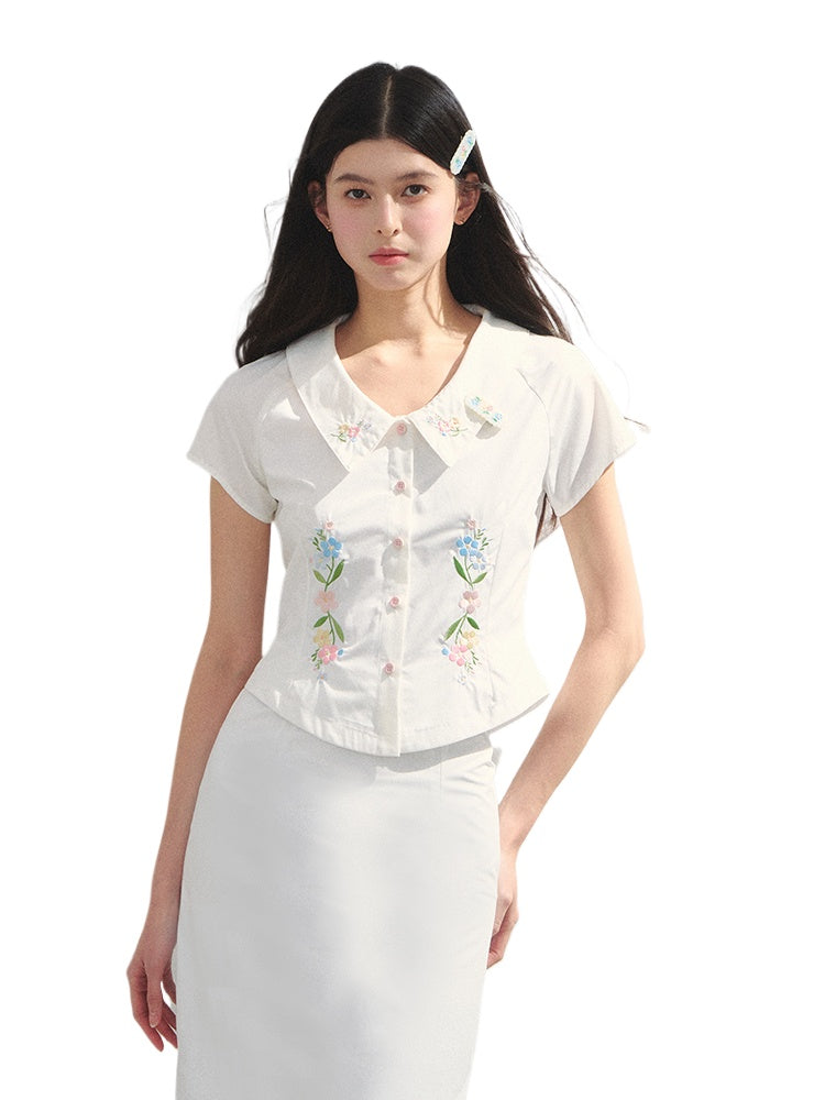 Embroidered Short-sleeve Waist-cinching Shirt & Skirt Set