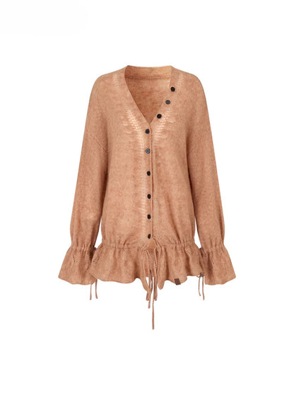 Brown &amp; Off-white Drawstring Knit Cardigan