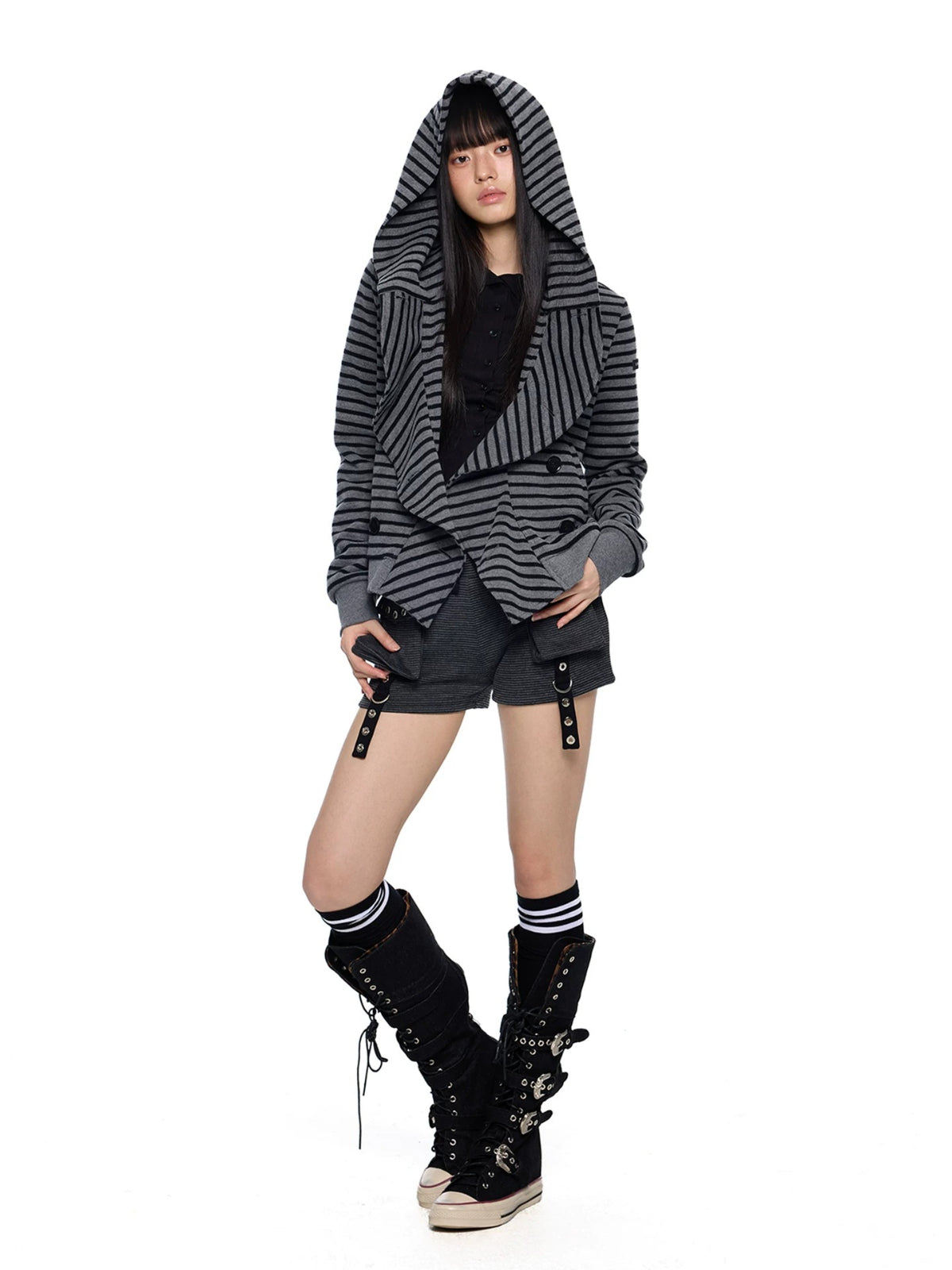 Striped Hooded Patchwork Cardigan