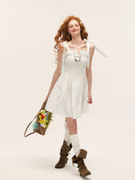 White Striped Ruched Bow Strap Dress