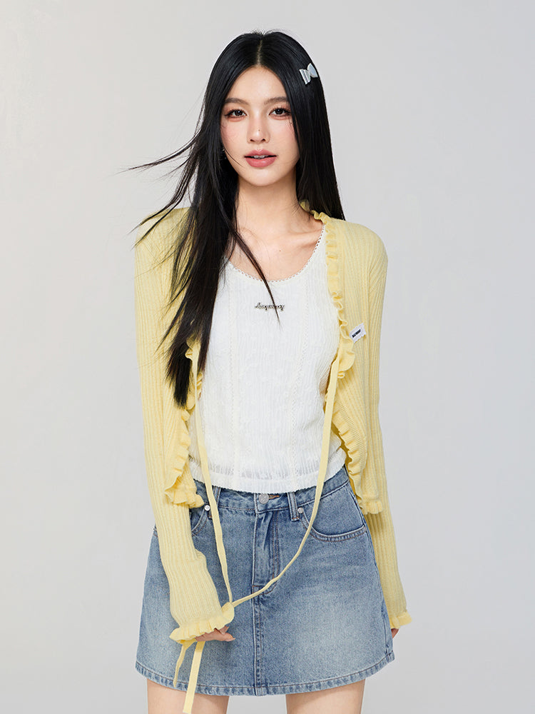 V - neck Ruffled Tie - front Knit Cardigan