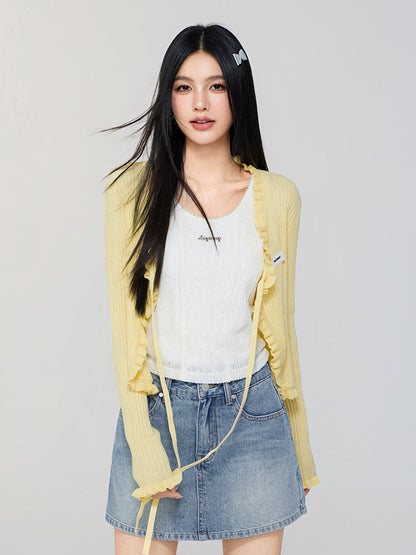 V - neck Ruffled Tie - front Knit Cardigan
