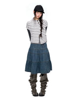 Striped Half Neck Button Knit Top