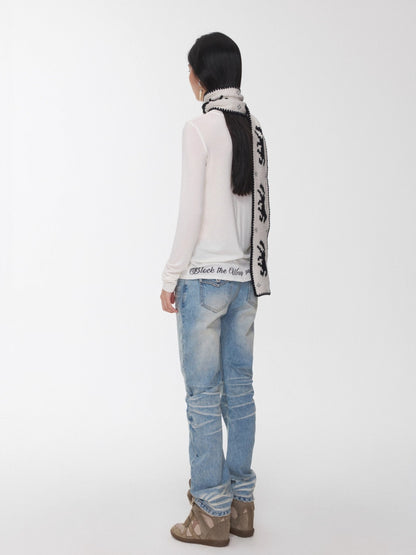 Basic Letter Print Semi-Sheer Long Sleeve Tee