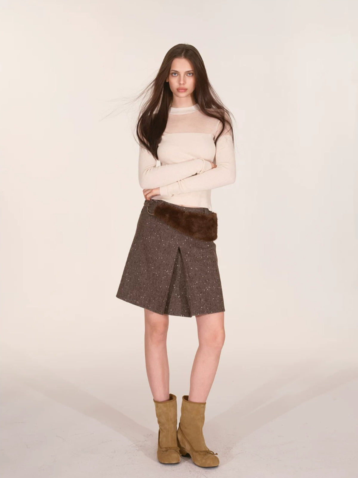 Sheer Mesh Mock Neck Fitted Knit Top