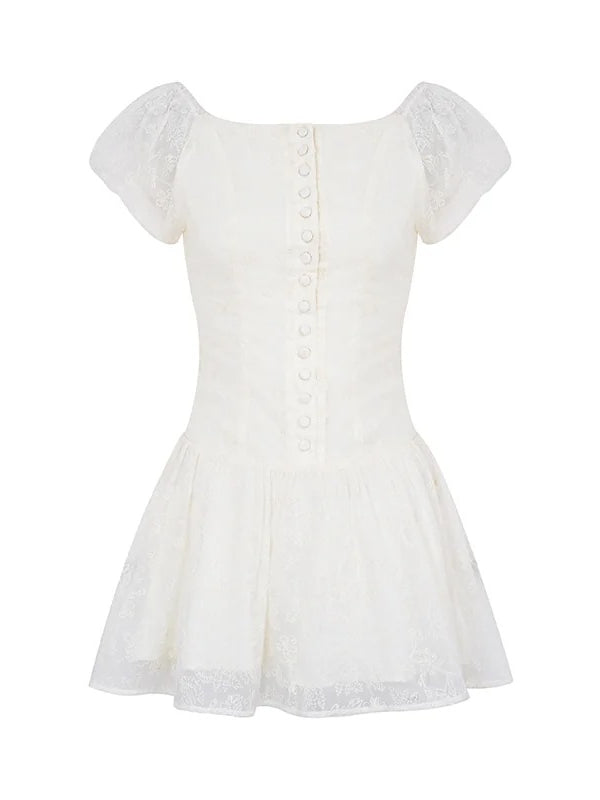 Apricot Floral Embroidered Puff Sleeve Dress