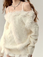 Off-Shoulder Patchwork Cable Knit Sweater