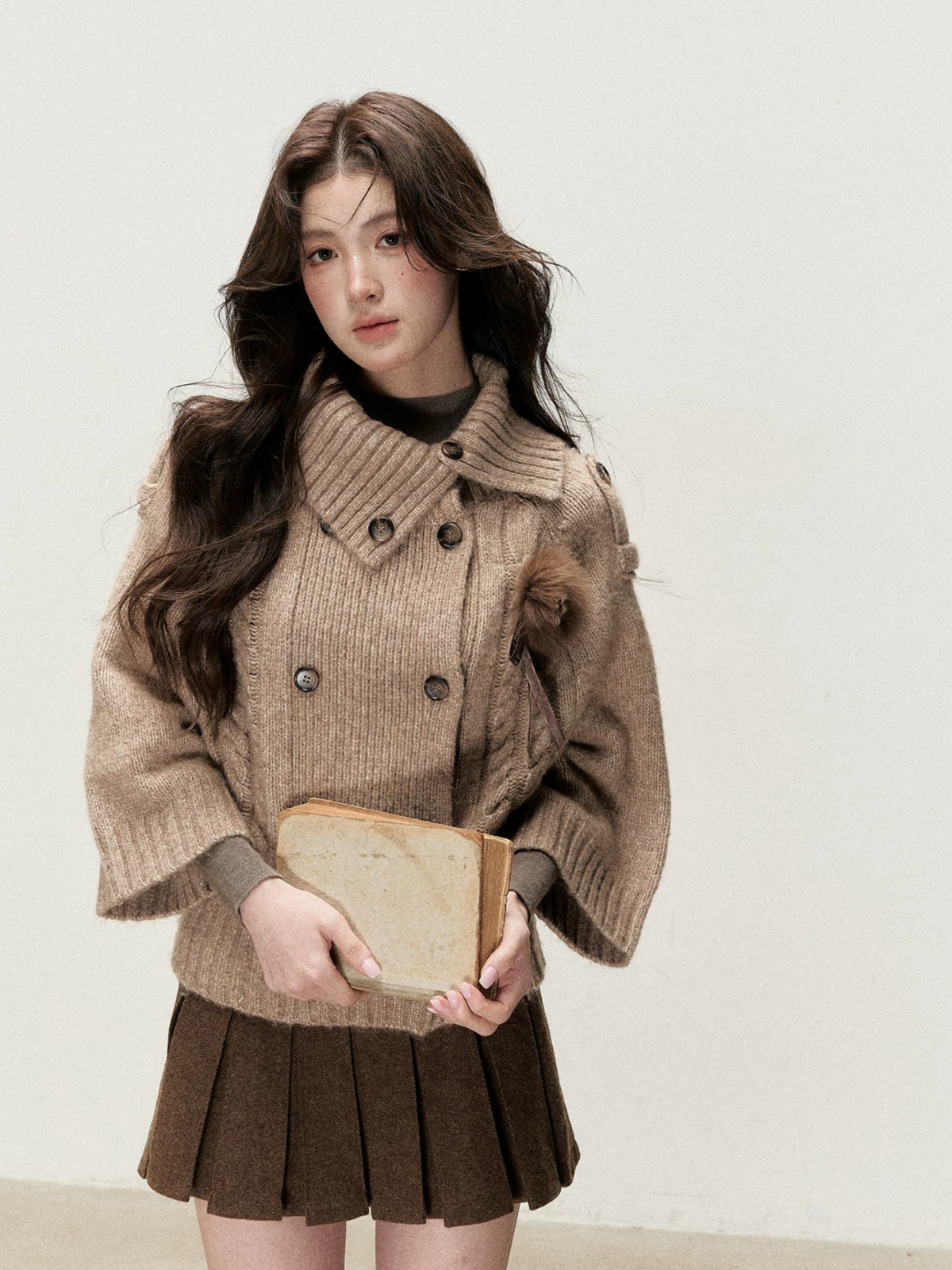 Double-Breasted Brooch Knit Cardigan
